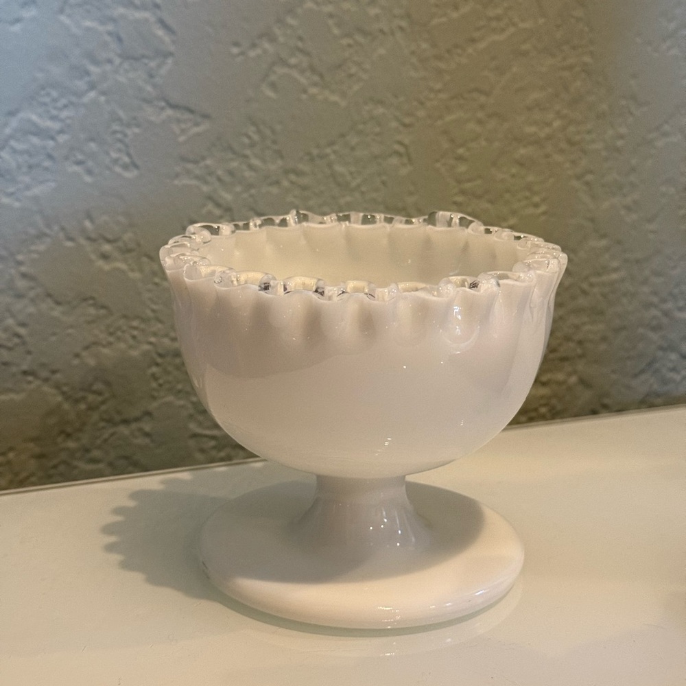 Vintage Fenton White Milk Glass Silver
Crest Footed Bowl or best offer